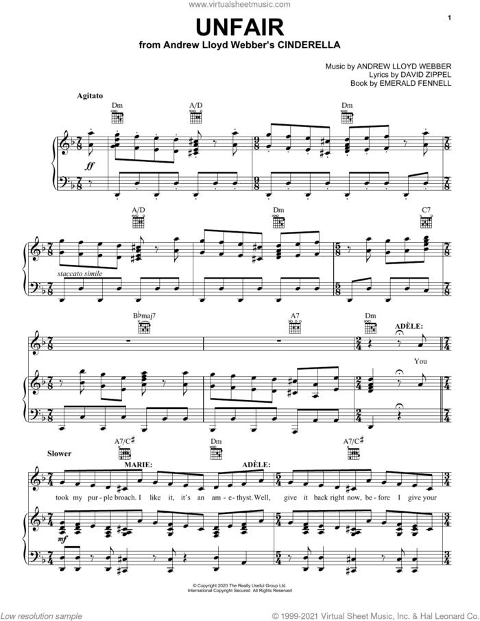 Unfair (from Andrew Lloyd Webber's Cinderella) sheet music for voice, piano or guitar by Andrew Lloyd Webber, David Zippel and Emerald Fennell, intermediate skill level
