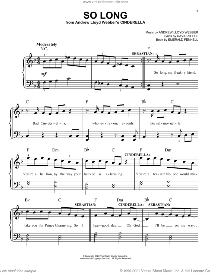 So Long (from Andrew Lloyd Webber's Cinderella) sheet music for piano solo by Andrew Lloyd Webber, David Zippel and Emerald Fennell, easy skill level