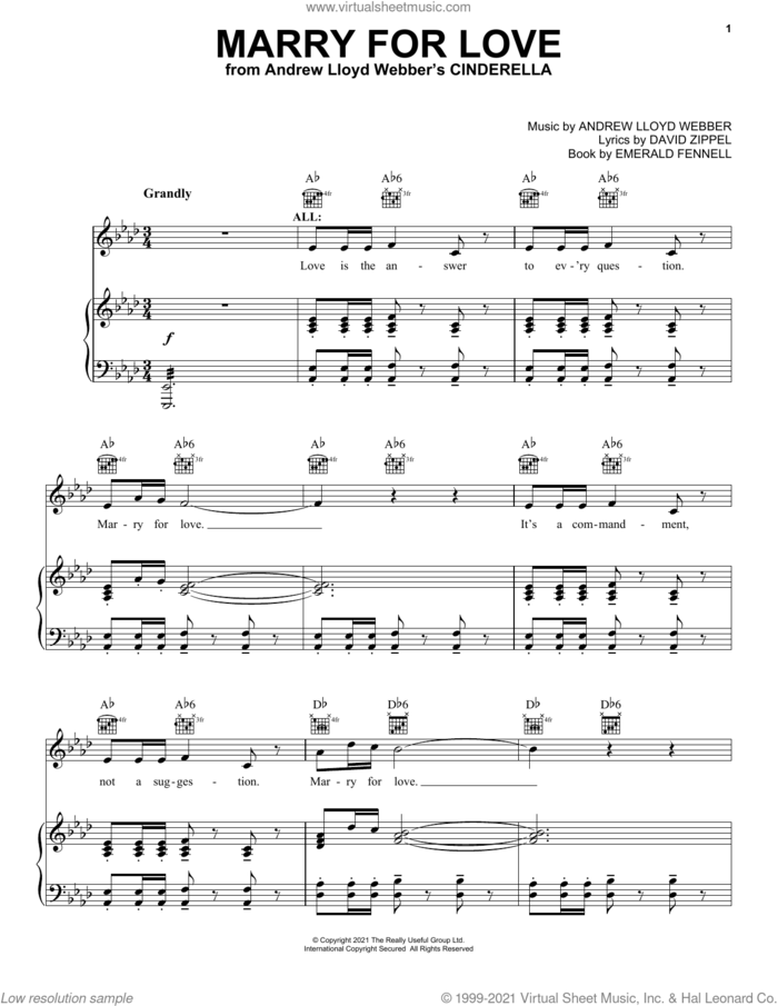 Marry For Love (from Andrew Lloyd Webber's Cinderella) sheet music for voice, piano or guitar by Andrew Lloyd Webber, David Zippel and Emerald Fennell, intermediate skill level