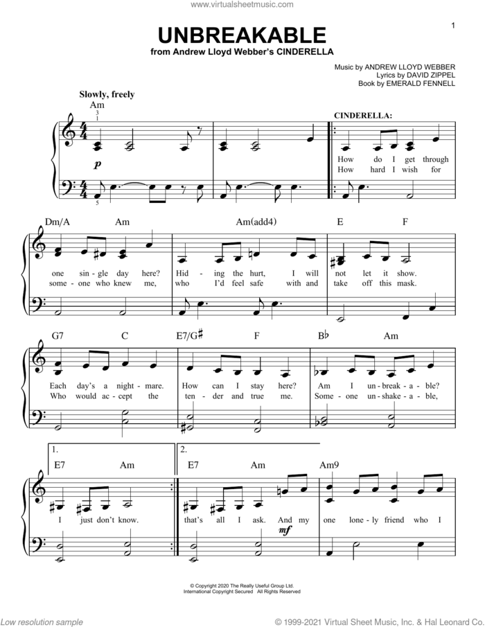 Unbreakable (from Andrew Lloyd Webber's Cinderella) sheet music for piano solo by Andrew Lloyd Webber, David Zippel and Emerald Fennell, easy skill level