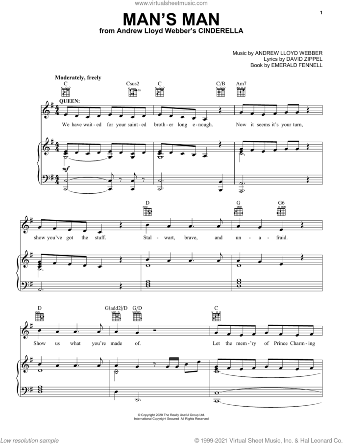 Man's Man (from Andrew Lloyd Webber's Cinderella) sheet music for voice, piano or guitar by Andrew Lloyd Webber, David Zippel and Emerald Fennell, intermediate skill level