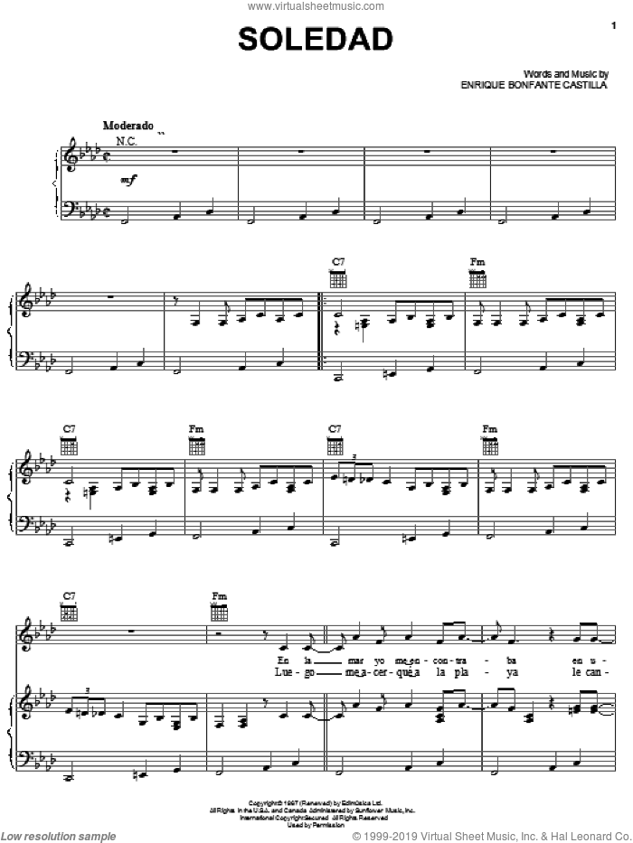 Soledad sheet music for voice, piano or guitar by Enrique Bonfante Castilla, intermediate skill level