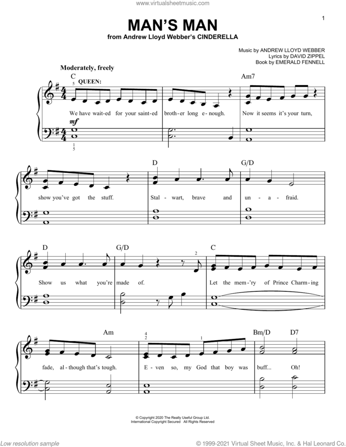 Man's Man (from Andrew Lloyd Webber's Cinderella) sheet music for piano solo by Andrew Lloyd Webber, David Zippel and Emerald Fennell, easy skill level