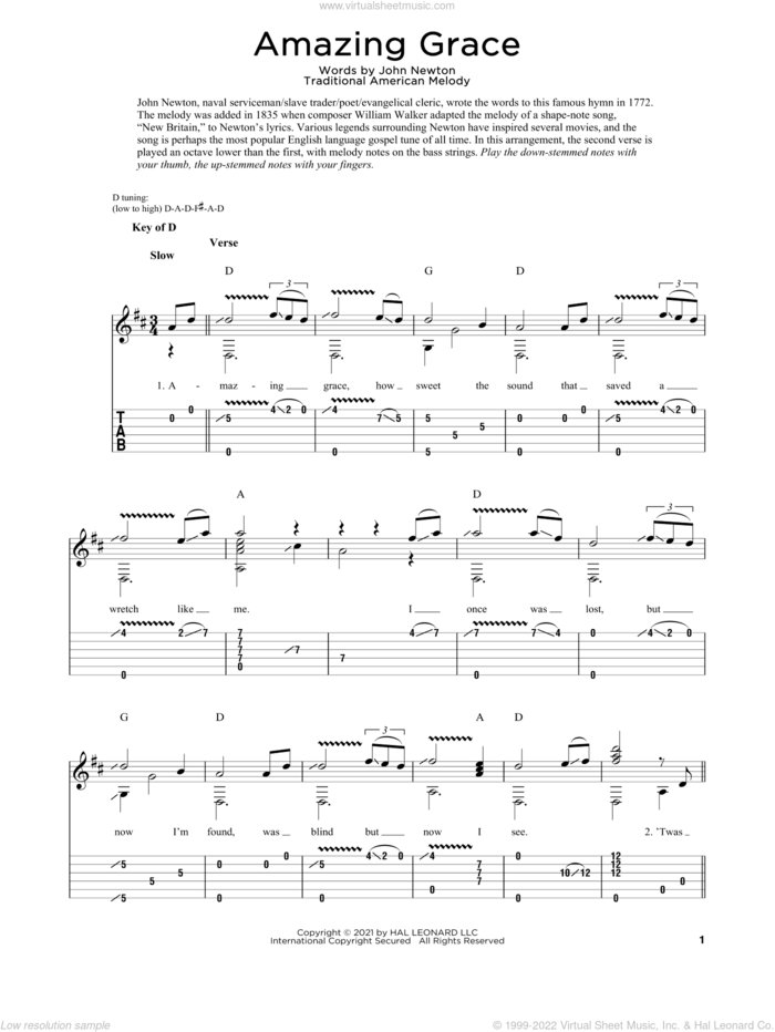 Amazing Grace sheet music for dobro solo by John Newton, Fred Sokolow and Miscellaneous, wedding score, easy skill level