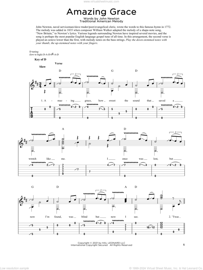 Amazing Grace sheet music for dobro solo by John Newton, Fred Sokolow and Miscellaneous, wedding score, easy skill level