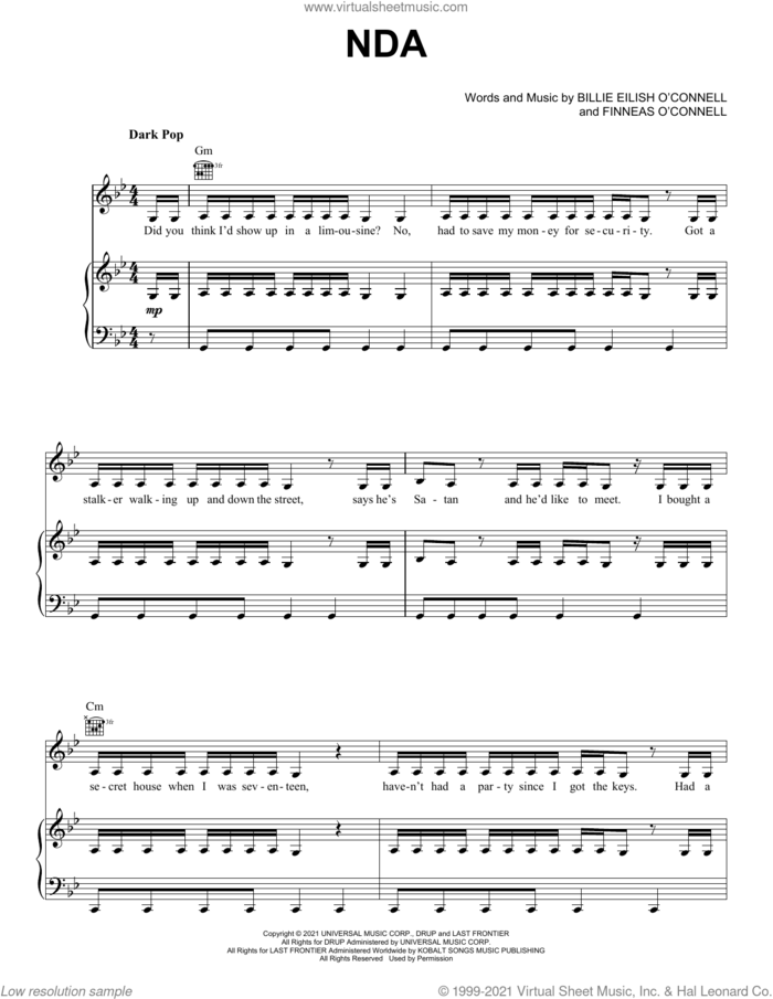 NDA sheet music for voice, piano or guitar by Billie Eilish, intermediate skill level