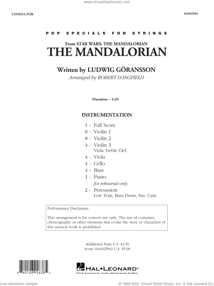 The Mandalorian (arr. Robert Longfield) (COMPLETE) sheet music for orchestra by Robert Longfield and Ludwig Goransson, intermediate skill level