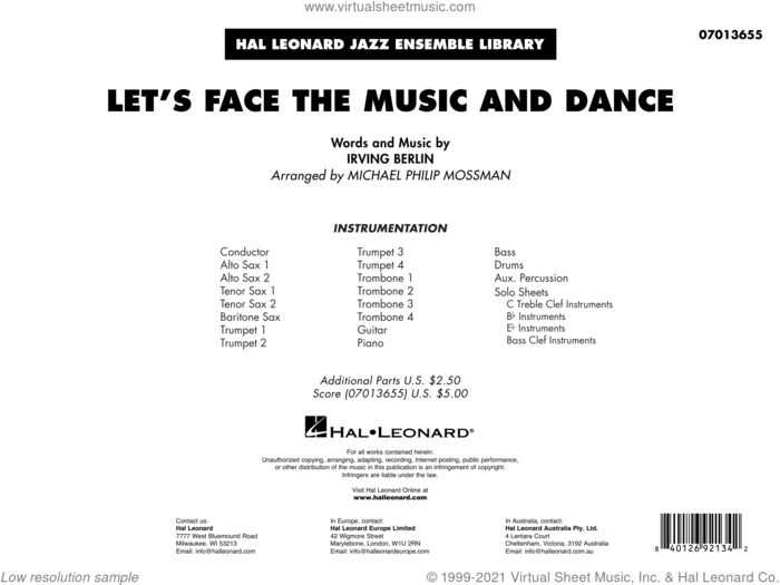 Let's Face the Music and Dance (arr. Michael Philip Mossman) (COMPLETE) sheet music for jazz band by Irving Berlin and Michael Philip Mossman, intermediate skill level