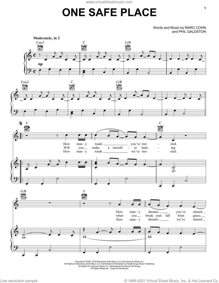 One Safe Place sheet music for voice, piano or guitar by Marc Cohn and Phil Galdston, intermediate skill level