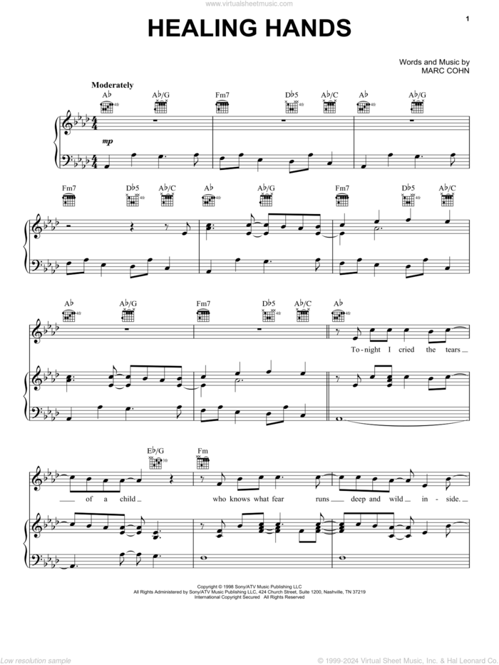 Healing Hands sheet music for voice, piano or guitar by Marc Cohn, intermediate skill level