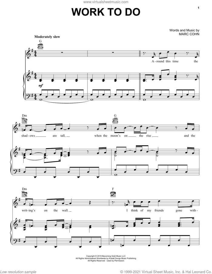 Work To Do sheet music for voice, piano or guitar by Marc Cohn, intermediate skill level