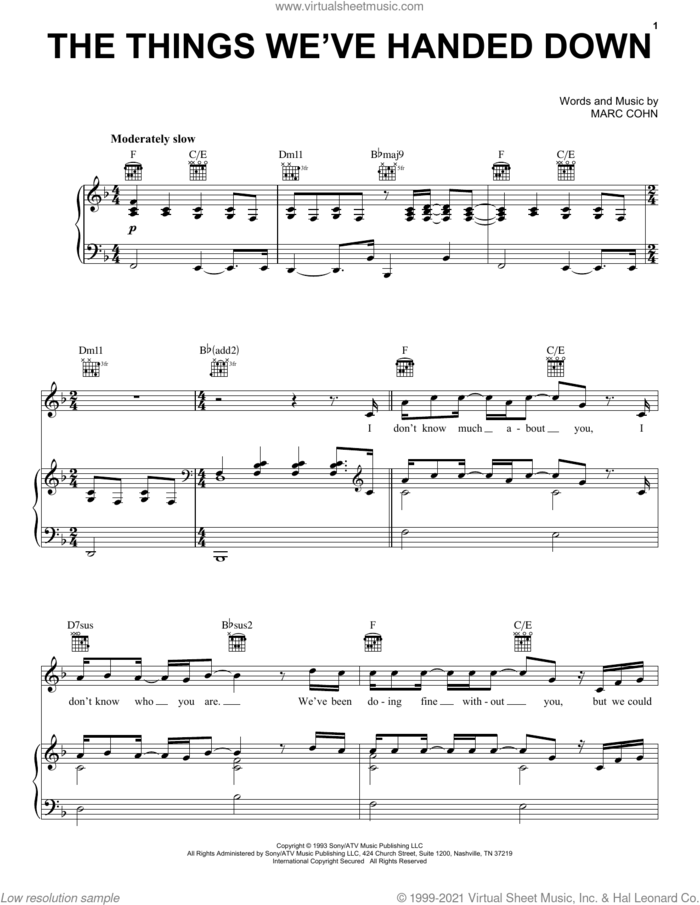The Things We've Handed Down sheet music for voice, piano or guitar by Marc Cohn, intermediate skill level