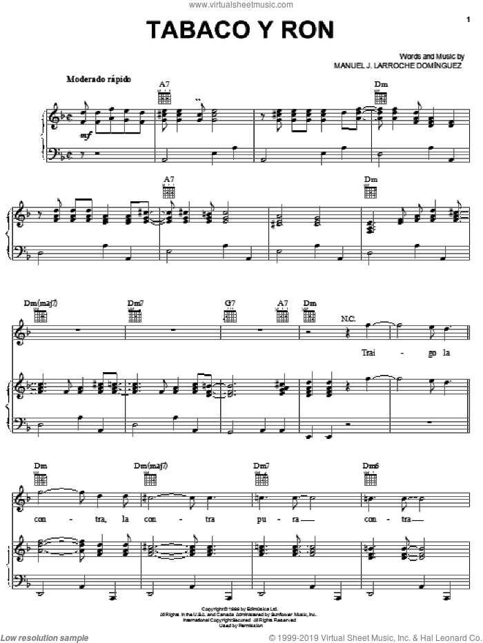 Tabaco Y Ron sheet music for voice, piano or guitar by Manuel J. Larroche Domínguez, intermediate skill level