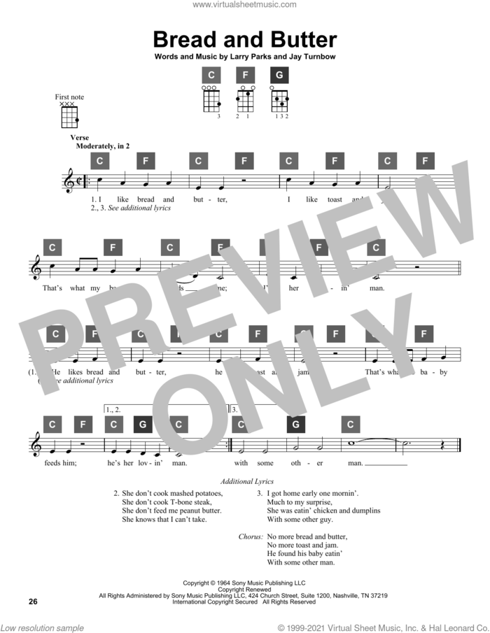 Bread And Butter sheet music for ukulele solo (ChordBuddy system) by Newbeats, Jay Turnbow and Larry Parks, intermediate ukulele (ChordBuddy system)