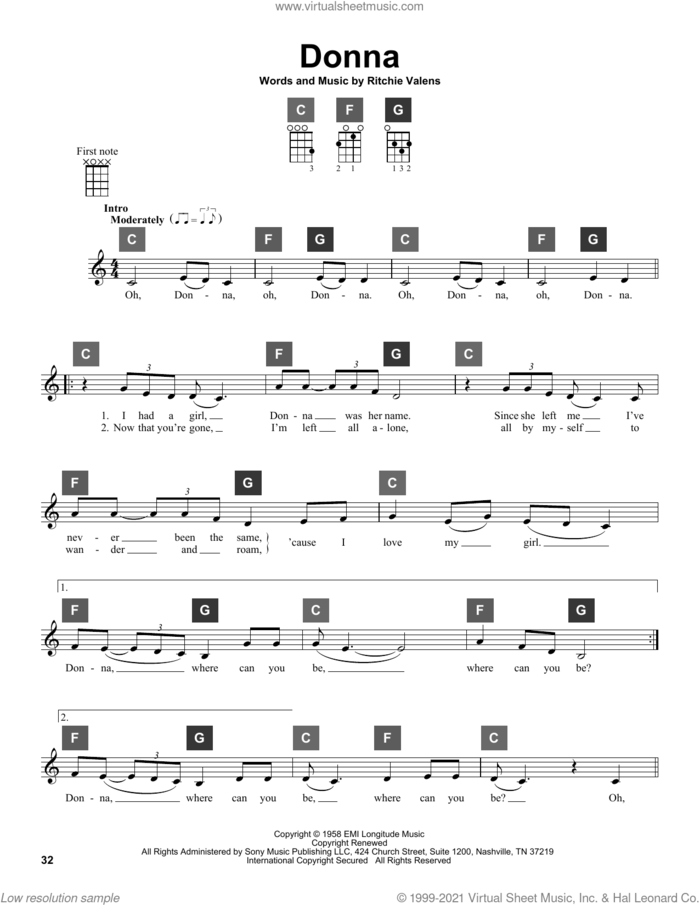 Donna sheet music for ukulele solo (ChordBuddy system) by Ritchie Valens, intermediate ukulele (ChordBuddy system)