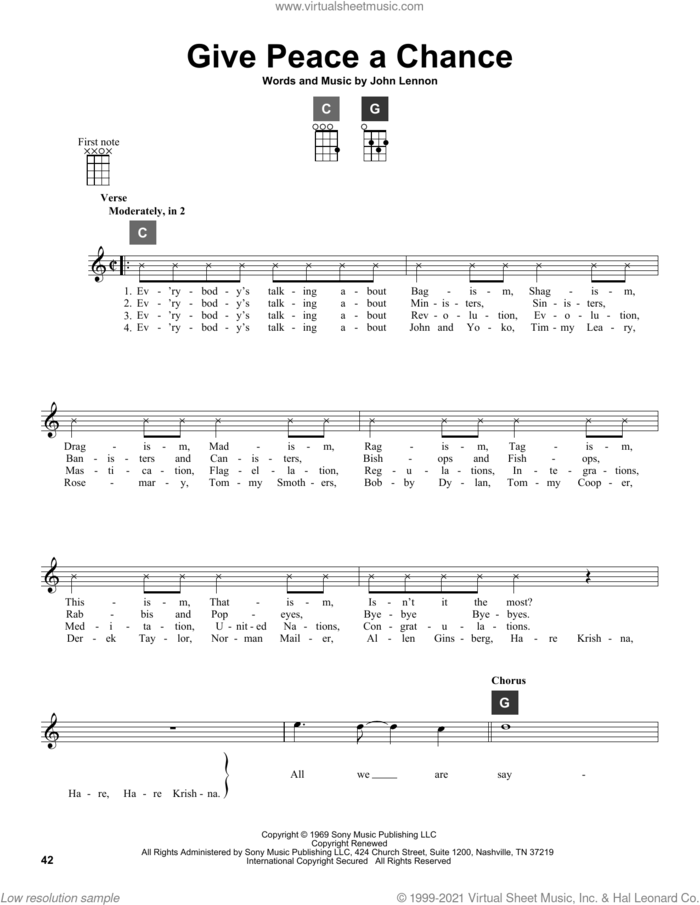 Give Peace A Chance sheet music for ukulele solo (ChordBuddy system) by Plastic Ono Band and John Lennon, intermediate ukulele (ChordBuddy system)
