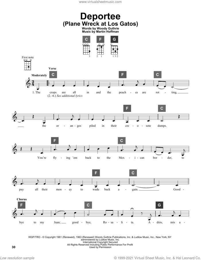 Deportee (Plane Wreck At Los Gatos) sheet music for ukulele solo (ChordBuddy system) by Woody Guthrie and Martin Hoffman, intermediate ukulele (ChordBuddy system)