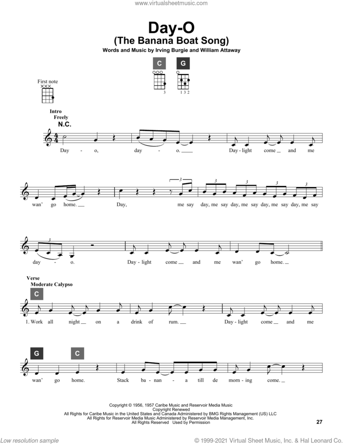 Day-O (The Banana Boat Song) sheet music for ukulele solo (ChordBuddy system) by Harry Belafonte, Irving Burgie and William Attaway, intermediate ukulele (ChordBuddy system)