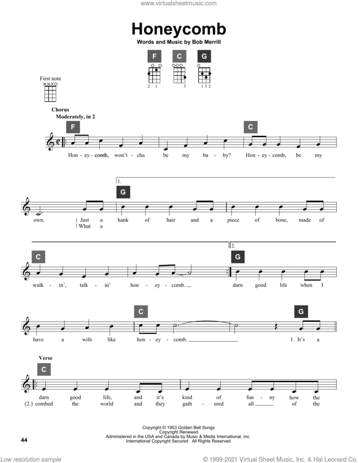 Honeycomb sheet music for ukulele solo (ChordBuddy system) by Jimmie Rodgers and Bob Merrill, intermediate ukulele (ChordBuddy system)