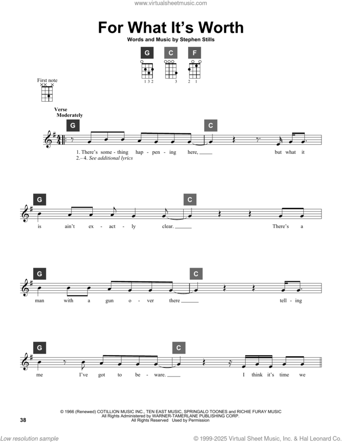 For What It's Worth sheet music for ukulele solo (ChordBuddy system) by Buffalo Springfield and Stephen Stills, intermediate ukulele (ChordBuddy system)