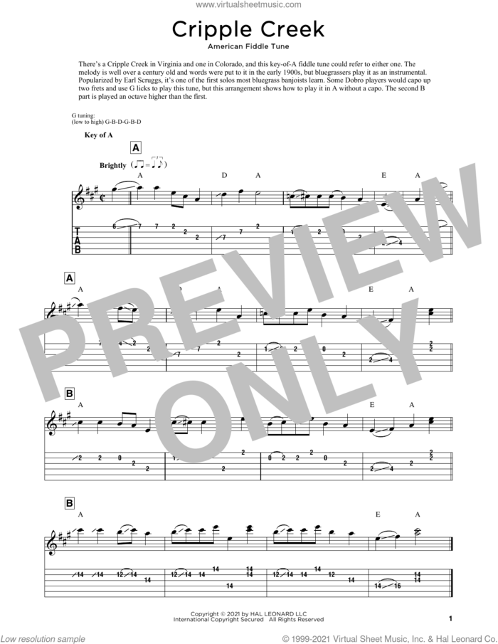 Cripple Creek sheet music for dobro solo  and Fred Sokolow, easy skill level