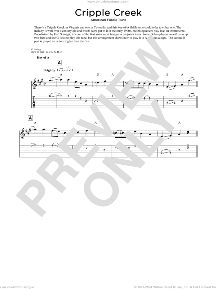 Cripple Creek sheet music for dobro solo  and Fred Sokolow, easy skill level