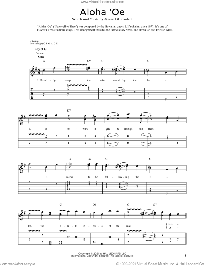 Aloha Oe sheet music for dobro solo by Queen Liliuokalani and Fred Sokolow, easy skill level