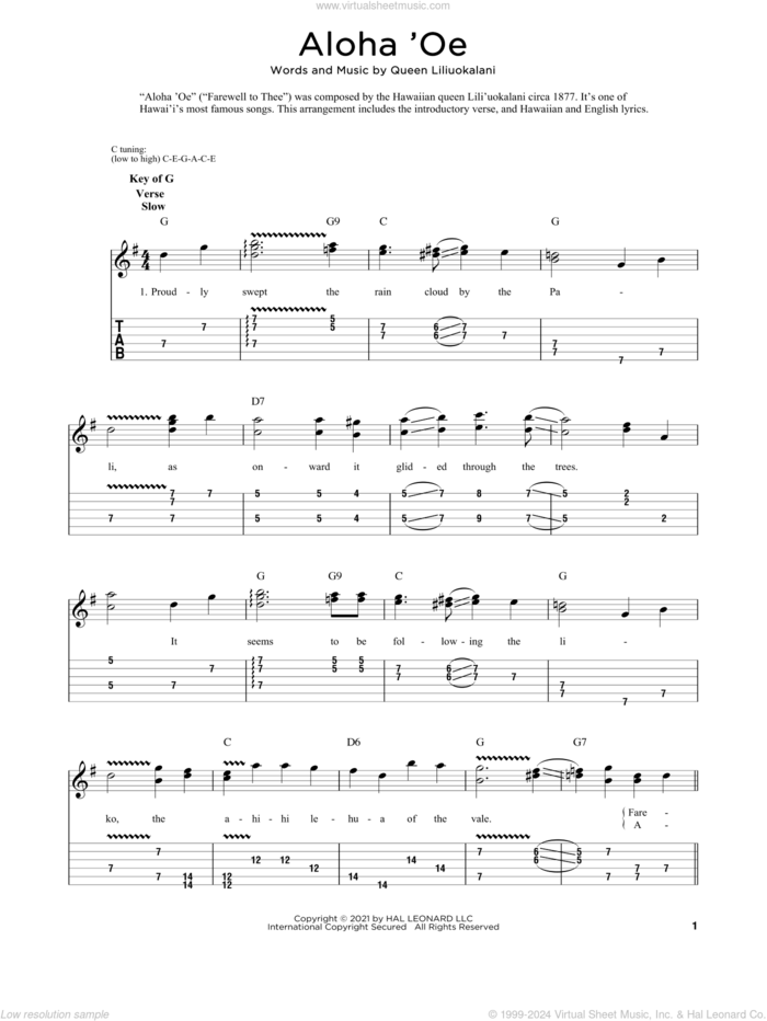 Aloha Oe sheet music for dobro solo by Queen Liliuokalani and Fred Sokolow, easy skill level