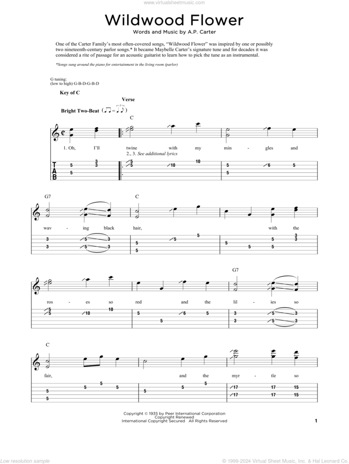 Wildwood Flower sheet music for dobro solo by A.P. Carter and Fred Sokolow, easy skill level