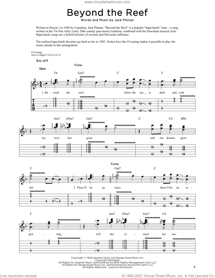 Beyond The Reef sheet music for dobro solo by Jack Pitman and Fred Sokolow, easy skill level