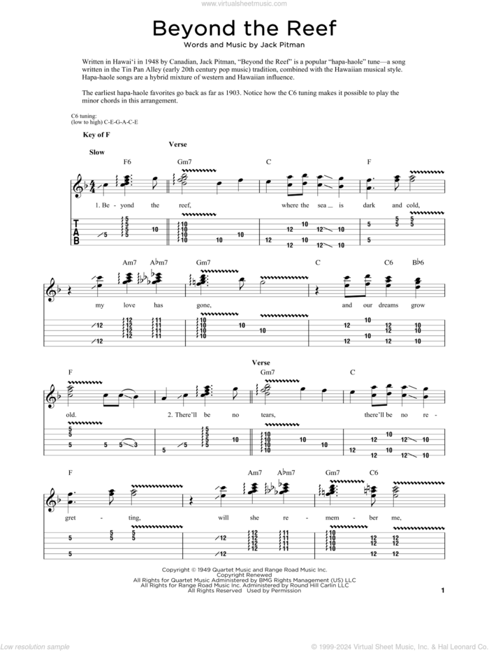 Beyond The Reef sheet music for dobro solo by Jack Pitman and Fred Sokolow, easy skill level