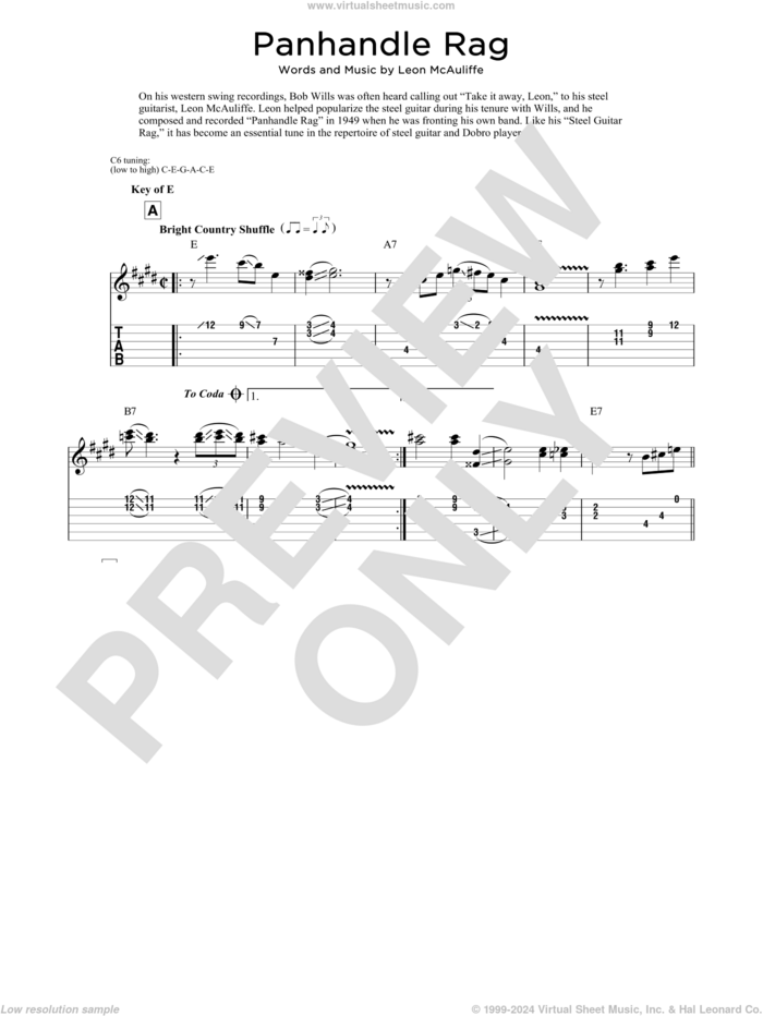 Panhandle Rag sheet music for dobro solo by Leon McAuliffe and Fred Sokolow, easy skill level