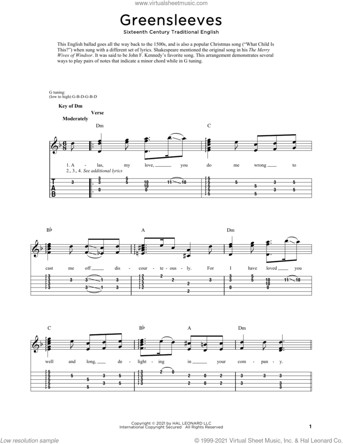 Greensleeves sheet music for dobro solo by Anonymous, Fred Sokolow and 16th Century Trad. English, classical score, easy skill level