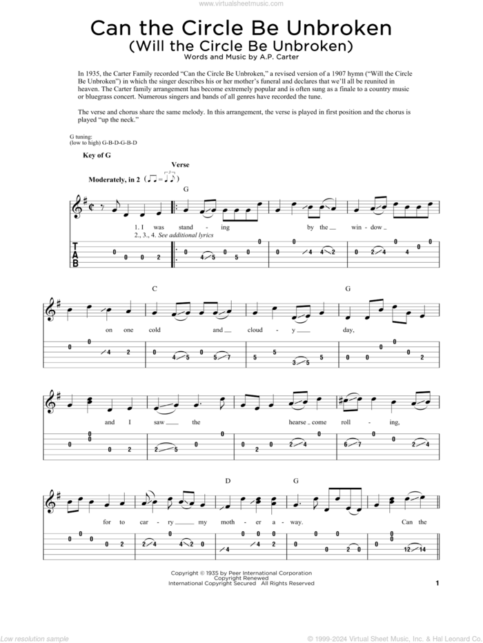 Can The Circle Be Unbroken (Will The Circle Be Unbroken) sheet music for dobro solo by The Nitty Gritty Dirt Band, Fred Sokolow and A.P. Carter, easy skill level