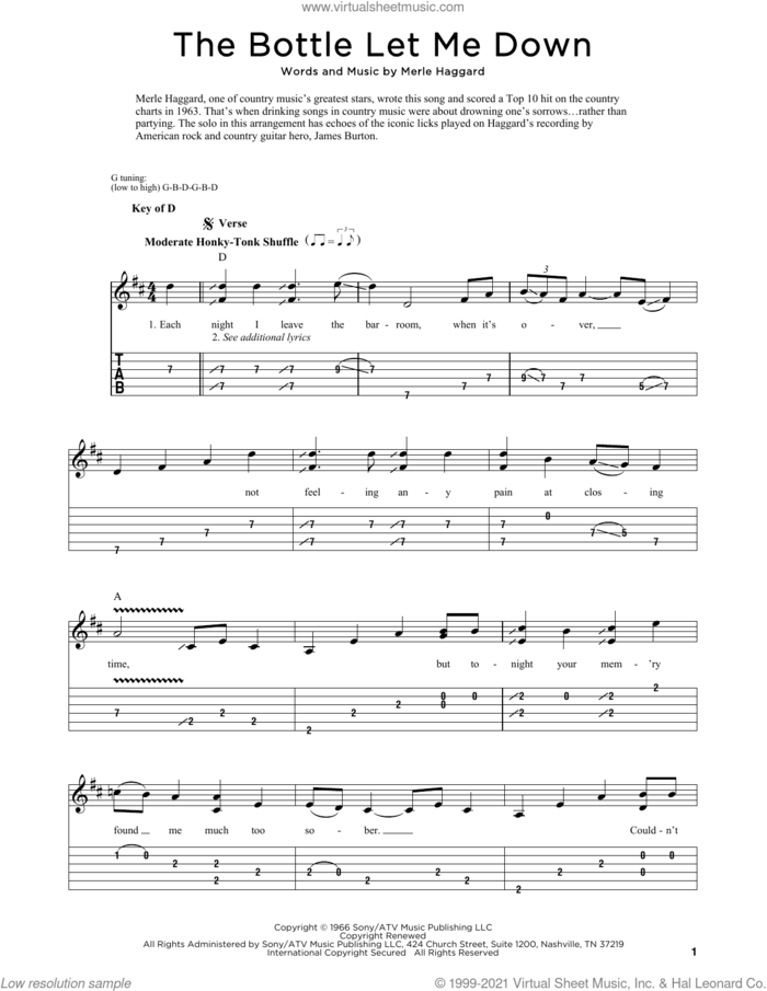 The Bottle Let Me Down sheet music for dobro solo by Merle Haggard and Fred Sokolow, easy skill level