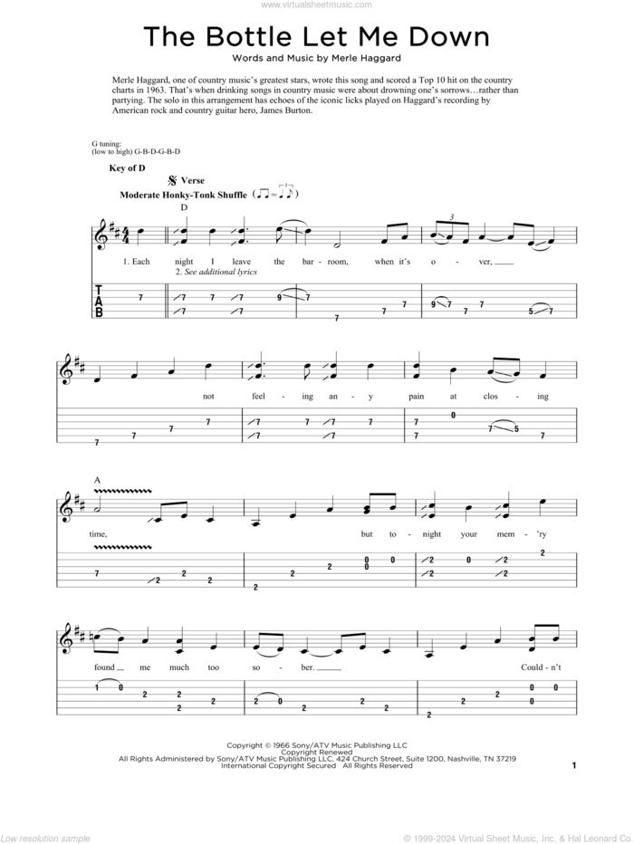 The Bottle Let Me Down sheet music for dobro solo by Merle Haggard and Fred Sokolow, easy skill level