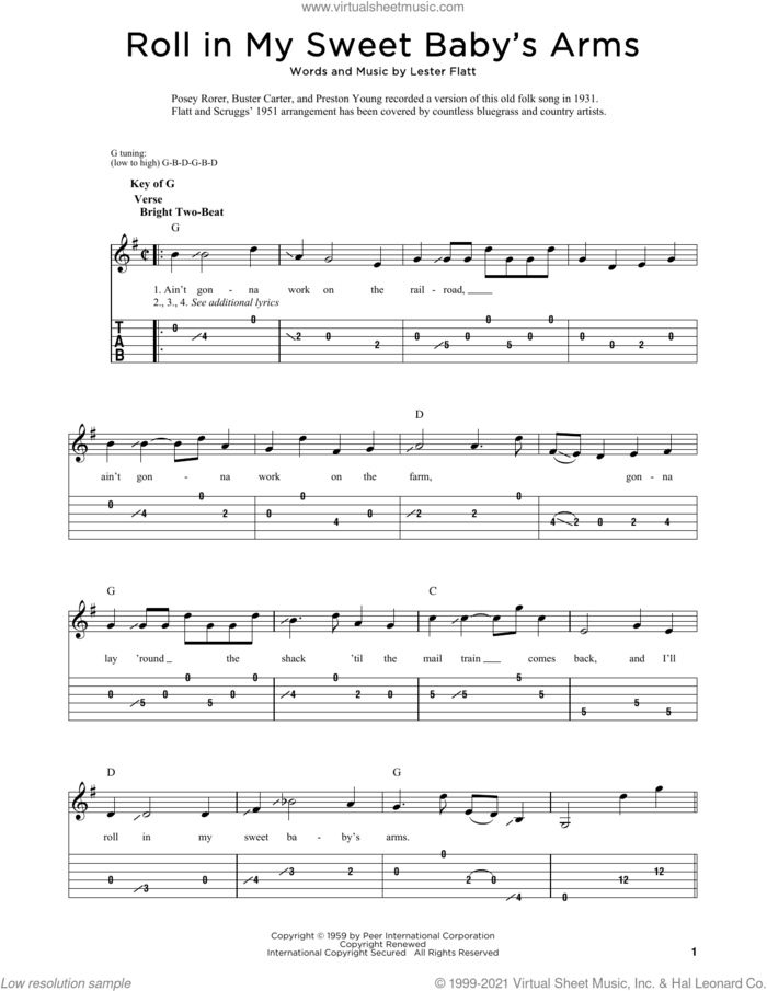 Roll In My Sweet Baby's Arms sheet music for dobro solo by Lester Flatt and Fred Sokolow, easy skill level