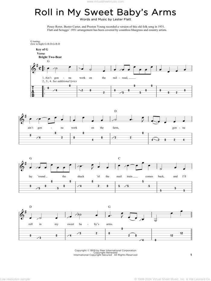 Roll In My Sweet Baby's Arms sheet music for dobro solo by Lester Flatt and Fred Sokolow, easy skill level