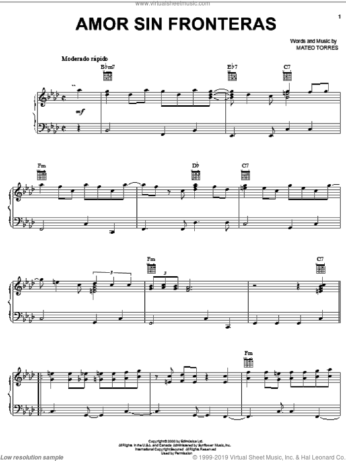 Amor Sin Fronteras sheet music for voice, piano or guitar by Mateo Torres, intermediate skill level