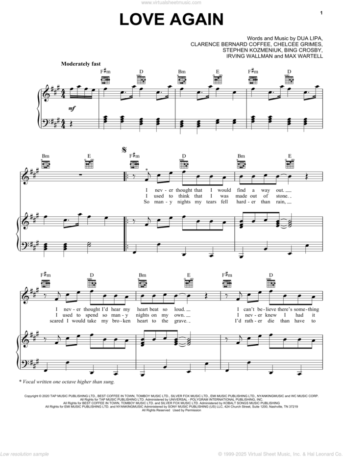 Love Again sheet music for voice, piano or guitar by Dua Lipa, Bing Crosby, Chelcee Grimes, Clarence Bernard Coffee, Harry Crosby, Irving Wallman, Max Wartell and Stephen Kozmeniuk, intermediate skill level