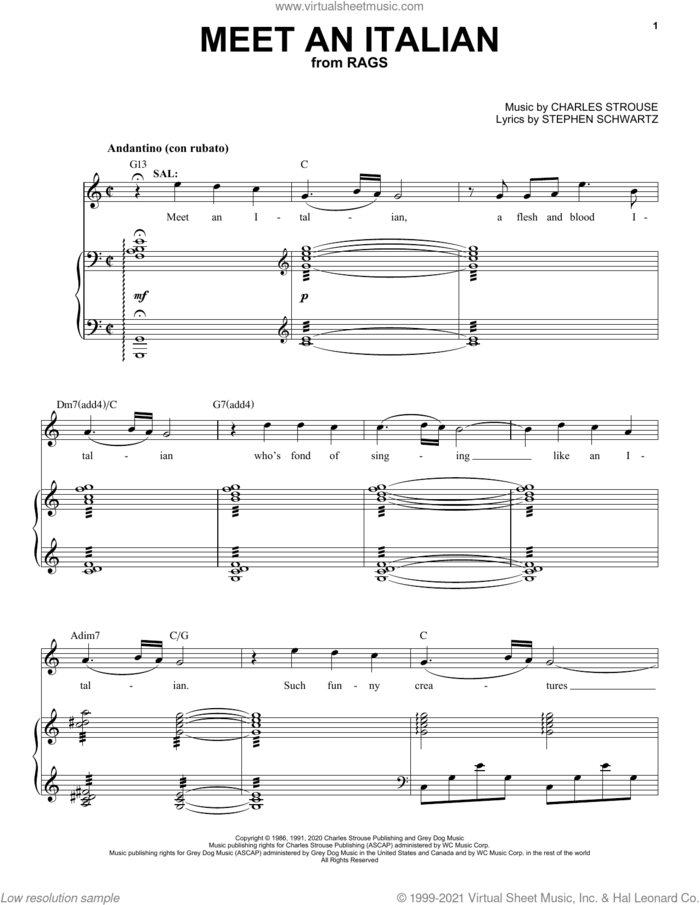 Meet An Italian (from Rags: The Musical) sheet music for voice and piano by Stephen Schwartz & Charles Strouse, Charles Strouse and Stephen Schwartz, intermediate skill level