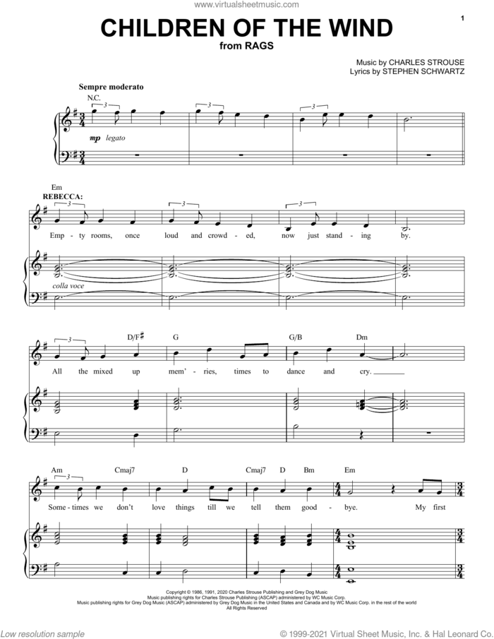 Children Of The Wind (from Rags: The Musical) sheet music for voice and piano by Stephen Schwartz & Charles Strouse, Charles Strouse and Stephen Schwartz, intermediate skill level