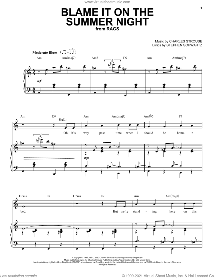Blame It On The Summer Night (from Rags: The Musical) sheet music for voice and piano by Stephen Schwartz & Charles Strouse, Charles Strouse and Stephen Schwartz, intermediate skill level