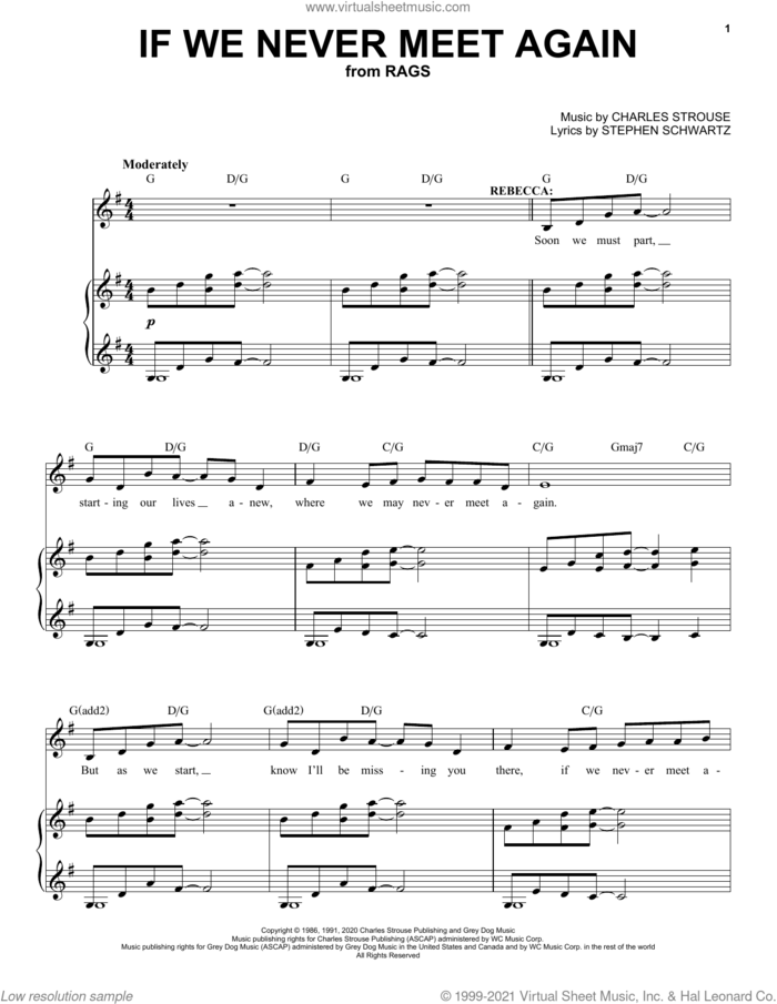 If We Never Meet Again (from Rags: The Musical) sheet music for voice and piano by Stephen Schwartz & Charles Strouse, Charles Strouse and Stephen Schwartz, intermediate skill level