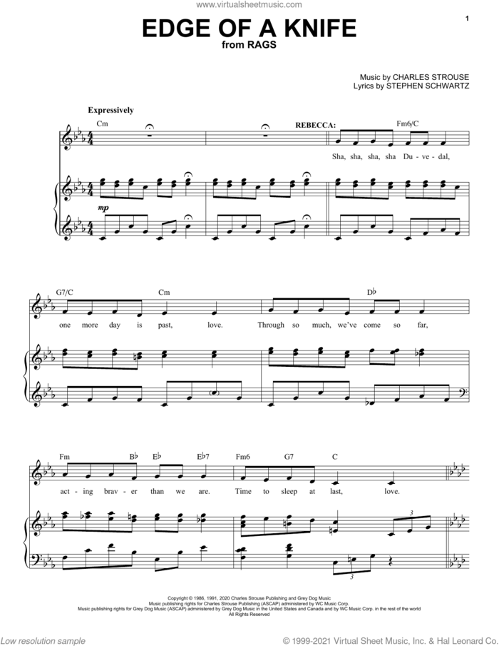 Edge Of A Knife (from Rags: The Musical) sheet music for voice and piano by Stephen Schwartz & Charles Strouse, Charles Strouse and Stephen Schwartz, intermediate skill level