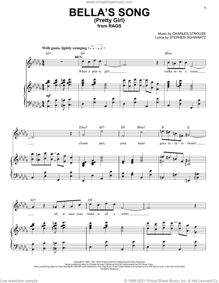 Bella's Song (Pretty Girl) (from Rags: The Musical) sheet music for voice and piano by Stephen Schwartz & Charles Strouse, Charles Strouse and Stephen Schwartz, intermediate skill level