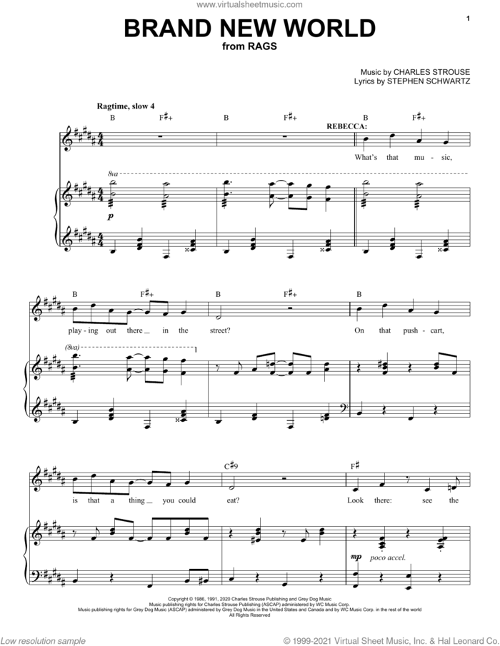 Brand New World (from Rags: The Musical) sheet music for voice and piano by Stephen Schwartz & Charles Strouse, Charles Strouse and Stephen Schwartz, intermediate skill level