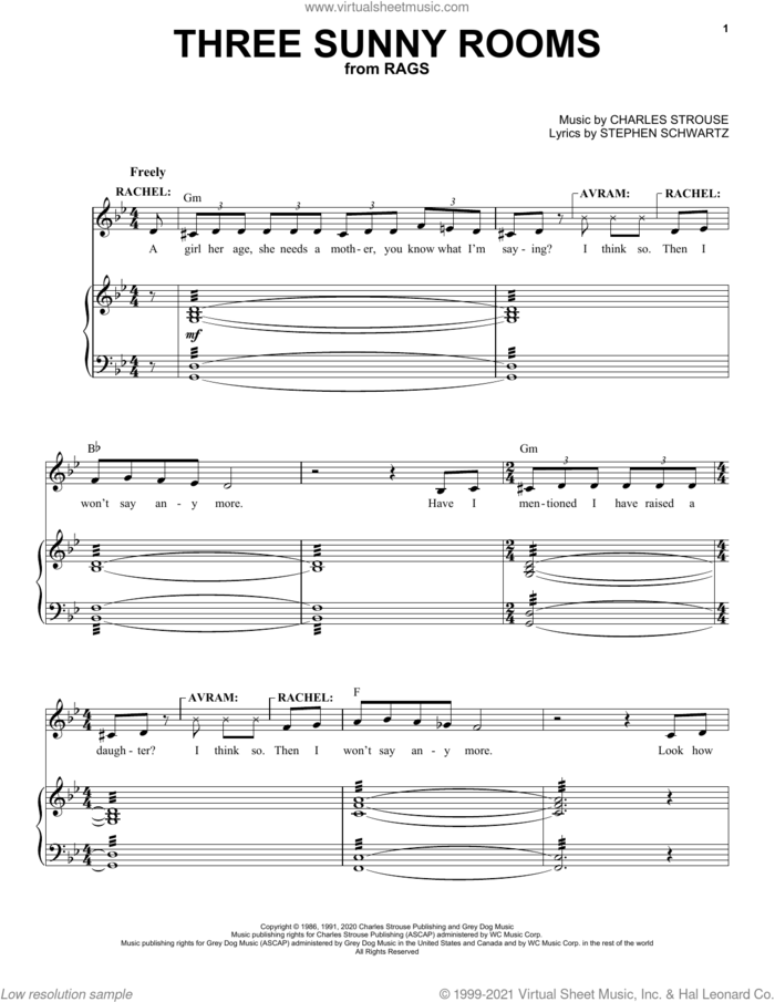 Three Sunny Rooms (from Rags: The Musical) sheet music for voice and piano by Stephen Schwartz & Charles Strouse, Charles Strouse and Stephen Schwartz, intermediate skill level