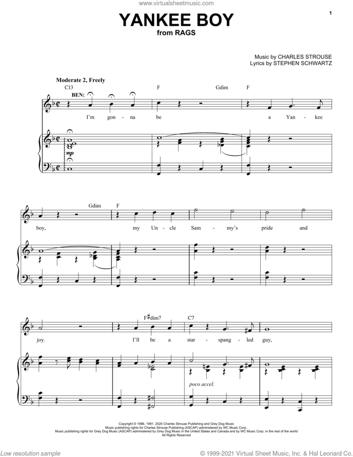 Yankee Boy (from Rags: The Musical) sheet music for voice and piano by Stephen Schwartz & Charles Strouse, Charles Strouse and Stephen Schwartz, intermediate skill level