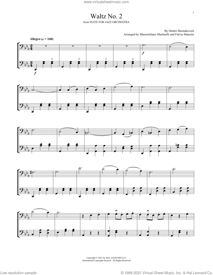 Waltz No. 2 sheet music for two cellos (duet, duets) by Dmitri Shostakovich, Fulvia Mancini, Massimiliano Martinelli and Mr. & Mrs. Cello, classical score, intermediate skill level